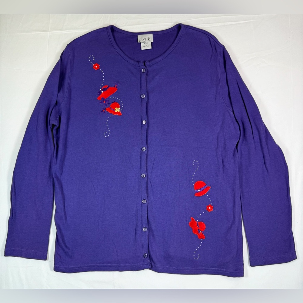 P.G.B. Vintage 80s-90s Red Hat Society Purple Appliqué Embroidered Cardigan‎ L